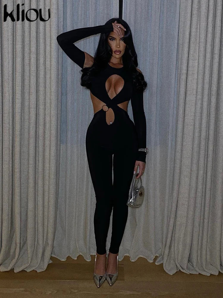 Kliou Hollow Out Backless Jumpsuits Women Sexy Off Shoulder Long Sleeve Cleavage Body-Shaping Overall Female Clubwear Outfit