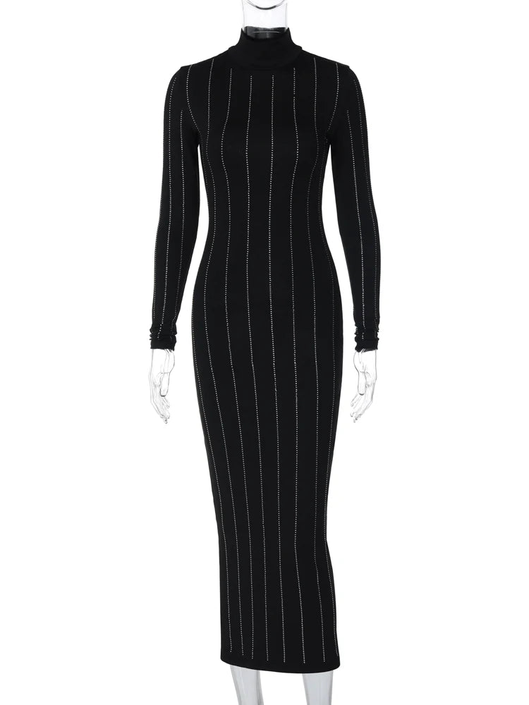 Hugcitar Winter Fashion Sequined Turtleneck Long Sleeve Black Sexy Bodycon Midi Dress Women Clothes Evening Party Club Y2K