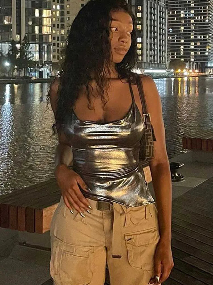 Solid Color Shiny Bodycon Sexy Style Vest Top 2023 New Summer Ladies Camisole Casual Basic