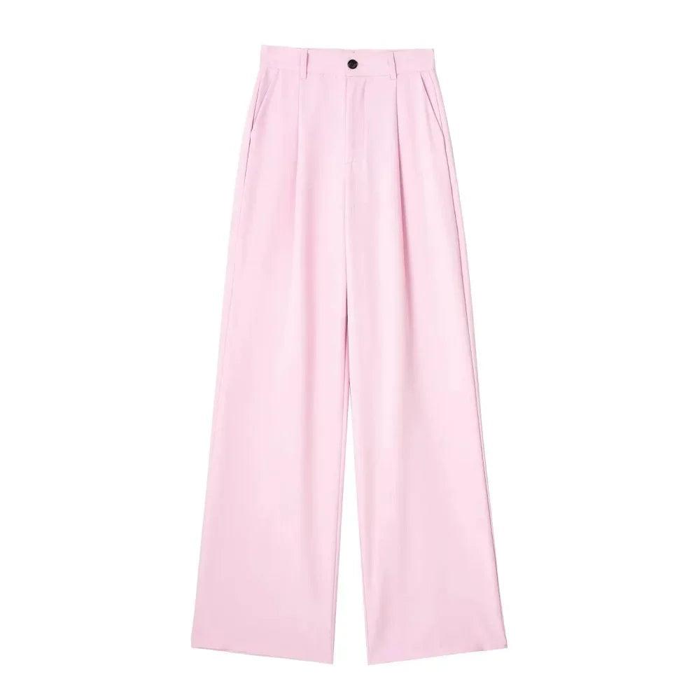 TRAF-pantalones de cintura alta para mujer, trajes de oficina, traje, pantalones holgados, color negro y rosa, pantalones formales