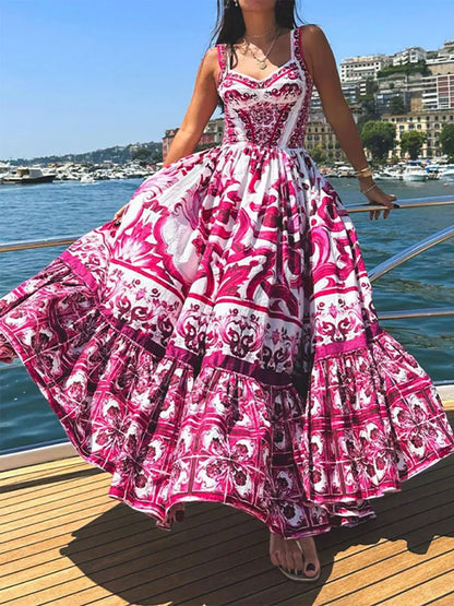 Vestido Sexy con tirantes estampado para mujer, Vestido a la moda con cuello en V y Espalda descubierta, cintura alta, Vestido Midi de vuelo grande, batas elegantes para vacaciones de verano para mujer