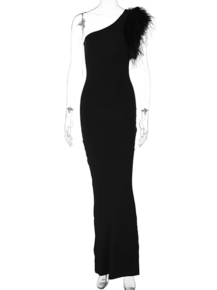 Dulzura noir sans manches une épaule plume robe Maxi pour les femmes moulante Sexy fête élégante robe longue tenue de soirée d'anniversaire