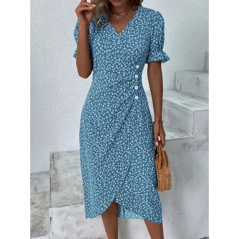 Vestido Midi plisado Floral elegante en forma de H para mujer, cuello en V, manga abombada, cintura, vestidos con botones fruncidos, vestido de verano para mujer