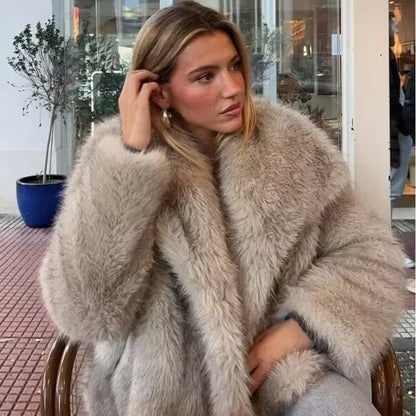 TRAF Autumn Winter Women's Faux Fur Coat Wool & Blends Coats Fashion Long Sleeve Warm Plush Jackets for Women Outerwears