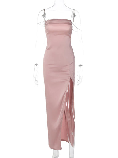 Dulzura-Vestido largo de satén con cordones y tirantes de diamantes, vestido Midi ajustado con abertura lateral, trajes con espalda descubierta para fiesta, elegante y Club de noche 2023