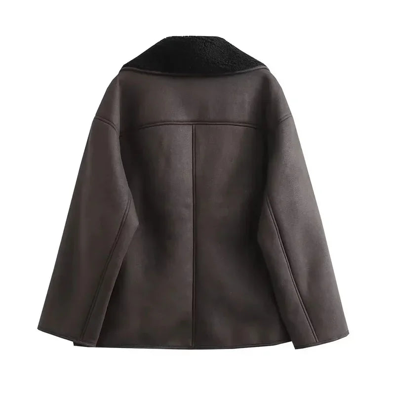 TRAF Woman Thick Faux Leather Jackets for Women Coat Autumn Winter Warm Wool Blends Coats Demi-season Plush Jacket Outerwear