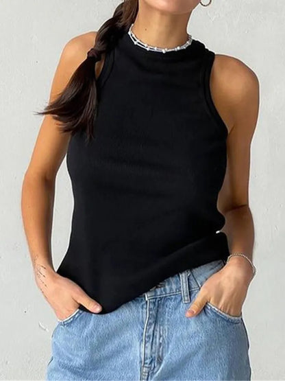 Tops de punto acanalados, camisas básicas de verano con cuello, chaleco deportivo informal blanco y negro, camiseta sin mangas verde con hombros descubiertos para mujer