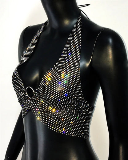 Sexy Deep V Neck Backless Camisole Shiny Rhinestone Mesh See Through Hollow Fishnet Halter Neck Tank Top 2024Party Club Crop Top