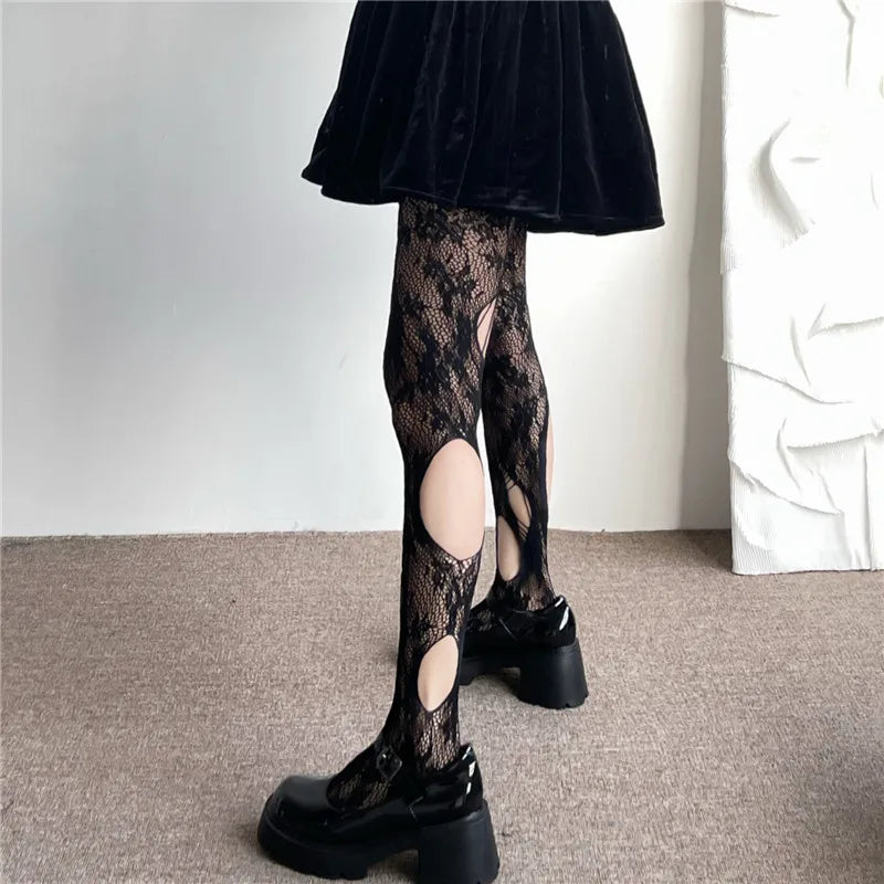 Floral Jacquard Sexy Stockings Women Gothic Punk Black Fishnet Pantyhose Harajuku Lolita Irregular Ripped Holes Mesh Tights