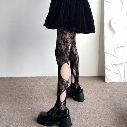 Medias sexis de Jacquard Floral para mujer, pantimedias de rejilla negras góticas Punk, medias de malla irregulares con agujeros rasgados Harajuku Lolita