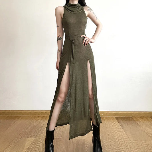 Vestido gótico oscuro cibergótico Desert Walker con capucha Y2k Punk Grunge, vestido por debajo de la rodilla con abertura para mujer, ropa de calle firme con lado abierto Sexy