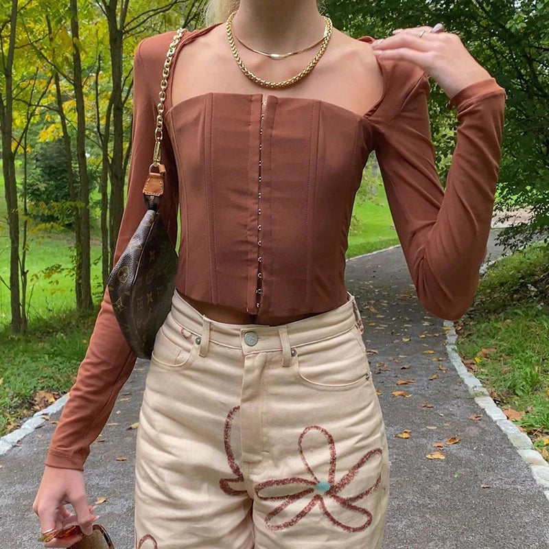 CUTENOVA Y2K Mode Maille Couture Sexy Hauts Et Chemisiers Femmes Chemises À Manches Longues 2023 Nouveau Attacher Top Corset Vêtements Décontractés