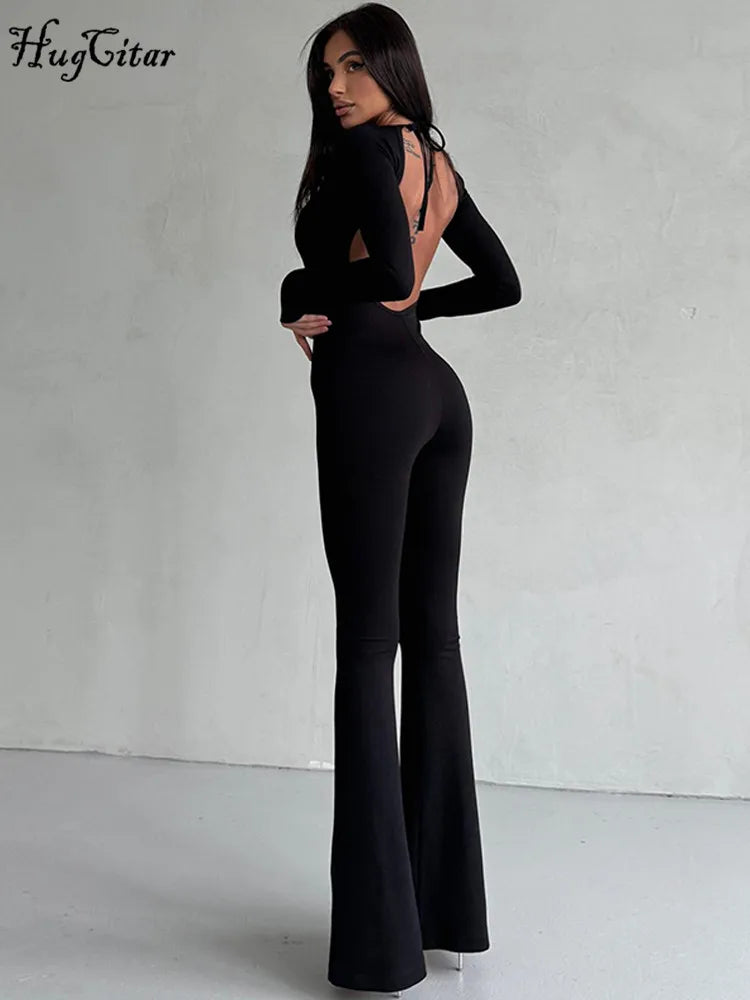 Hugcitar Black O Neck Backless Lace Up Sexy Bodycon Skinny Jumpsuit Winter Women Fashion Nightclub Work Out Romper Overalls Y2K