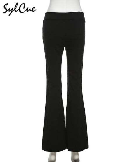 Sylcue Black Slim Stretch Versatile Commuter Classic High Waist Simple Split Young Women's Zipper Flared Trousers Girl Casual