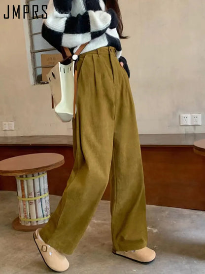 JMPRS High Waist Women Vintage Corduroy Pants Straight Casual Spring Trousers Koran Vintage Coffee Pockets All Match Pants New