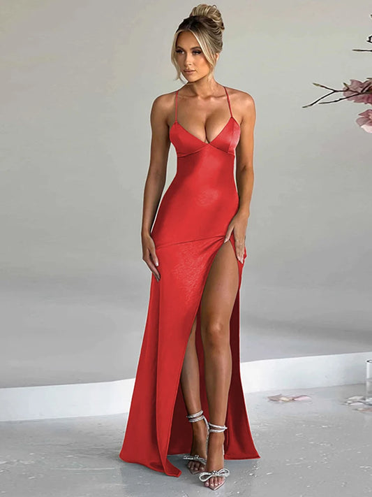 Dulzura-Vestido largo de encaje con espalda descubierta y abertura lateral para mujer, vestido largo Sexy ajustado para fiesta, Club, ropa de noche de cumpleaños, verano 2024