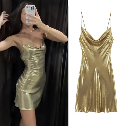 TRAF Woman Gold Mini Dress Slip Backless Short Dresses for Women Sexy Silver Coquette Party Desire Short Sleeveless Dress