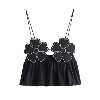 TRAF Flower Crop Top Women Black Rhinestone Ruffle Backless Sexy Top Woman Camisole Straps Sleeveless Female Camis Tank Tops