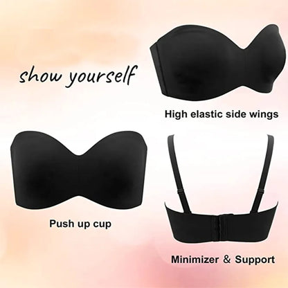 Full Support Non-Slip Convertible Bandeau Bra Strapless Push up Plus Size Seamless Bra Underwire Convertible Smoothing Unpadded