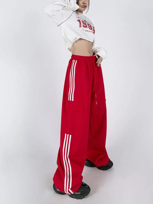 Jmprs-pantalones Cargo a rayas para mujer, ropa de calle Y2K de cintura alta de estilo americano, pantalones de pierna ancha holgados, pantalones de chándal de Hip Hop para mujer