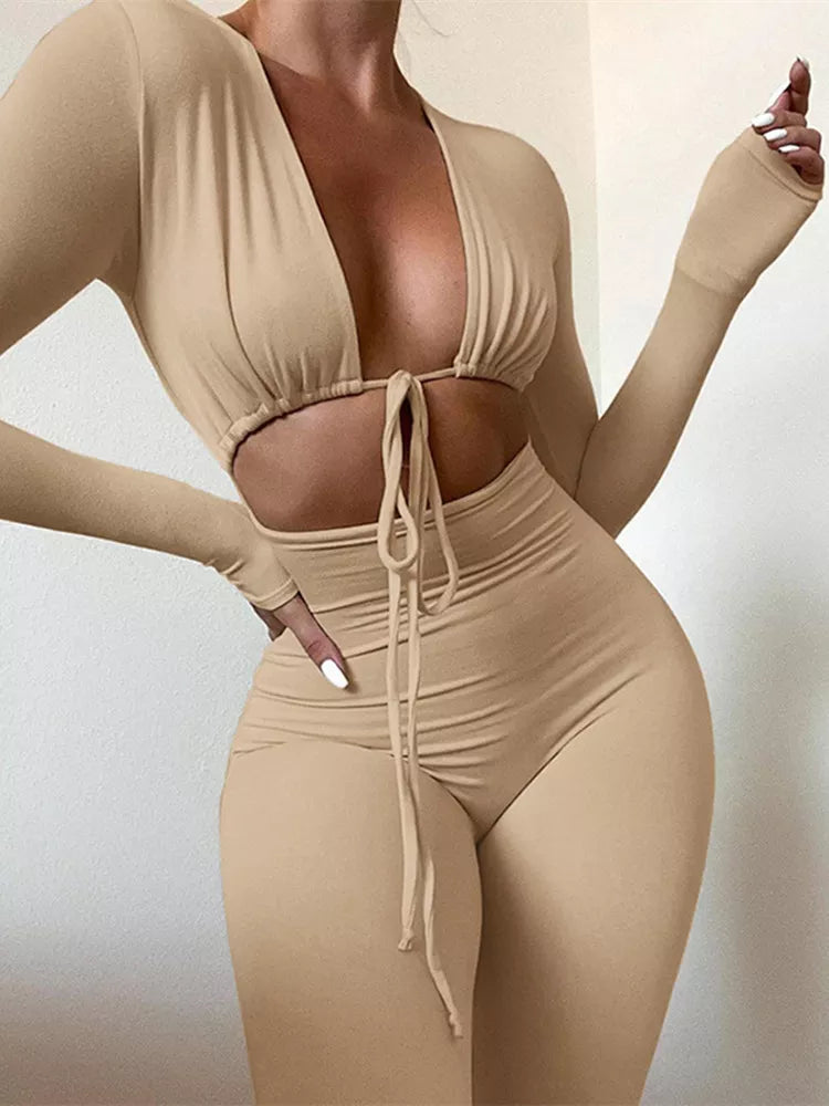 Kliou Solid Jumpsuit Drawstring Cleavage Waist Out One Piece Overall Sexy  Body-Shaping Hipster Midnight Club Female Clothing