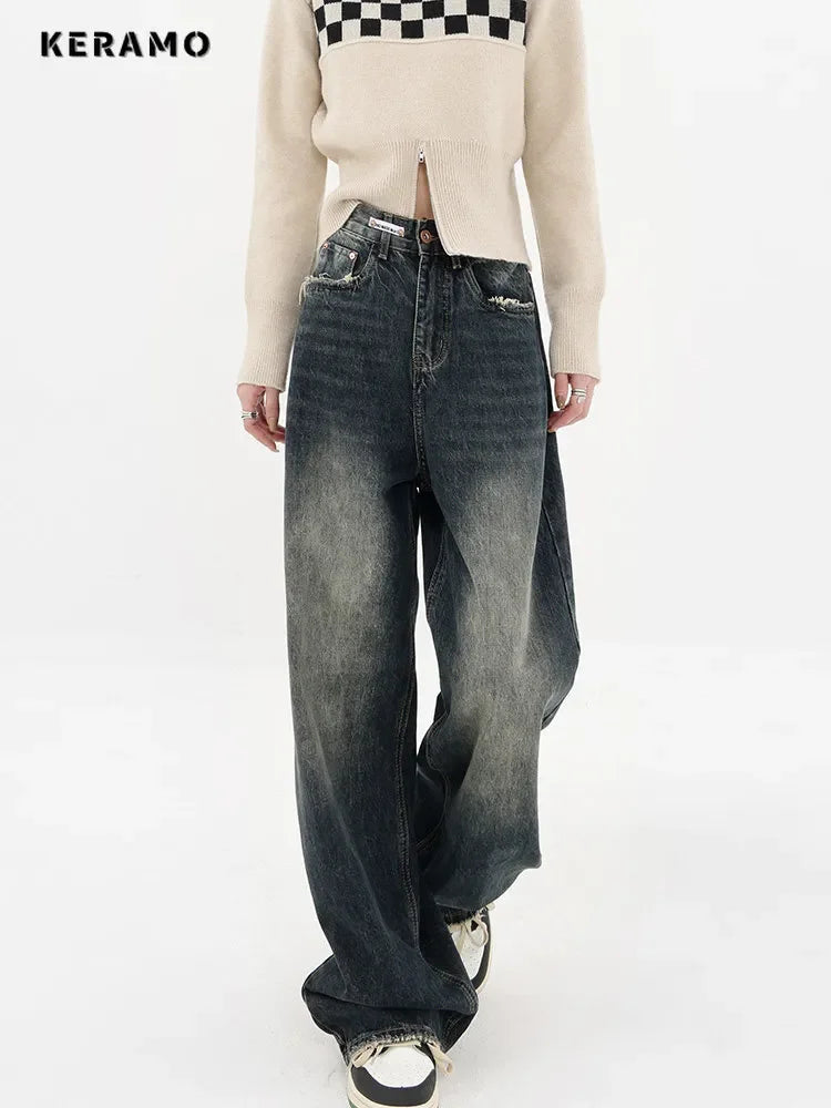 Jean taille haute pour femme, Streetwear rétro, mode automne, Harajuku, jambes larges, droite, ample, pantalon en Denim, Baggy Y2K