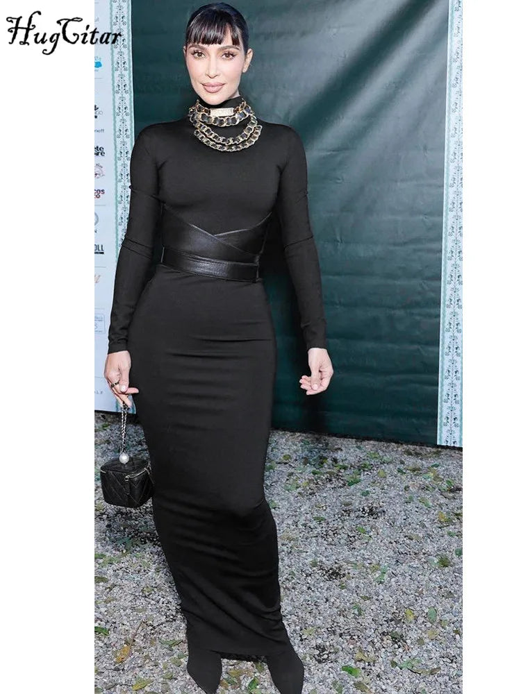 Hugcitar Black Long Sleeve Patchwork Belt Sexy Bodycon Slim Maxi Prom Dress 2023 Winter Women Fashion Outfit Streetwear Nightclu
