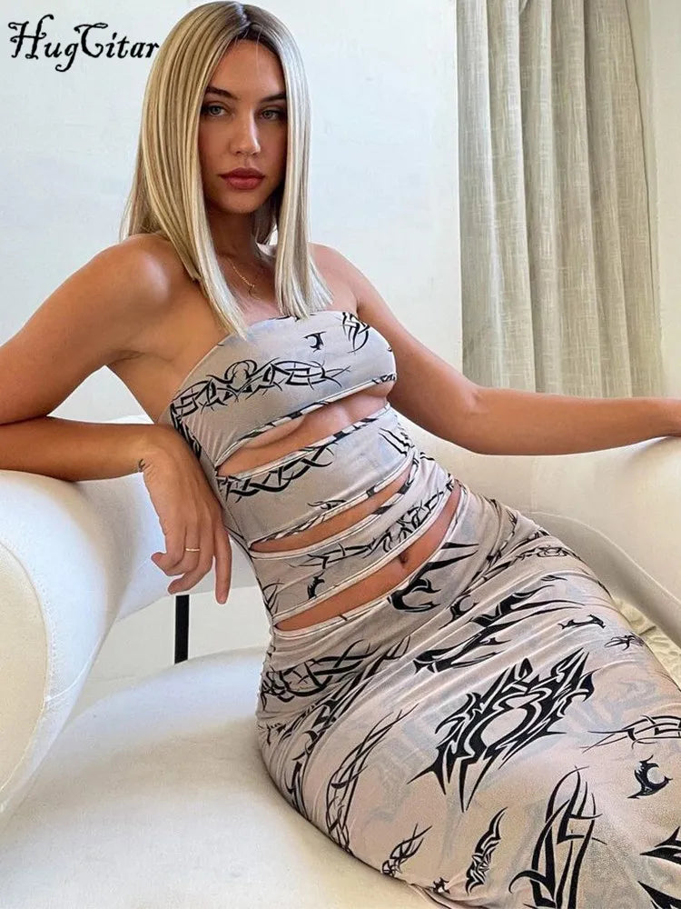 Hugcitar Graphic Print Strapless Hollow Out Elegant Sexy Slim Maxi Dress 2023 Summer Women Outfit Y2K Streetwear Festival