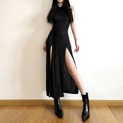 Vestido gótico oscuro cibergótico Desert Walker con capucha Y2k Punk Grunge, vestido por debajo de la rodilla con abertura para mujer, ropa de calle firme con lado abierto Sexy