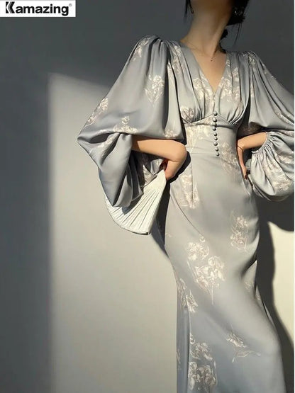 Robe sirène imprimée élégante pour femmes, manches longues, col en v, Slim, mi-longue, vêtements Fmeale, nouvelle collection été 2023