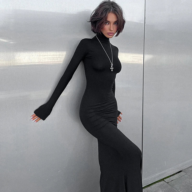 CUTENOVA Black Noble Simple Dress High Collar Long Sleeve Basic Fishtail Dress  Prom Occasion Slim Dress Streetwear  For Autumn