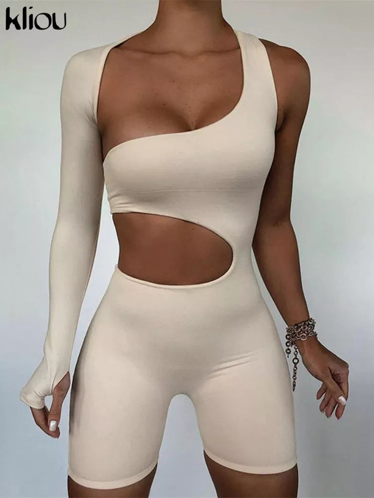 Kliou Asymmetrical Solid Women Rompers Basic Long Sleeve Casual Sportswear Streetwear Female Elastic High Waist Jumpsuits