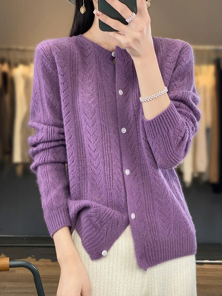 Cardigan en laine à manches longues pour femme, vêtement d'extérieur, pull à col rond, tricot, Style coréen, nouveau vêtement d'extérieur, Crochet