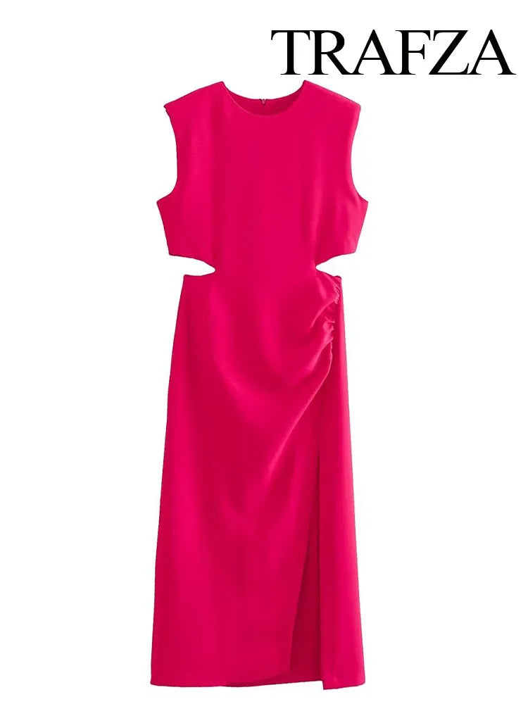 TRAFZA nouvelle robe rouge Rose découpée femme froncée robes longues d'été pour les femmes sans manches robes de soirée mi-longues robe de soirée élégante