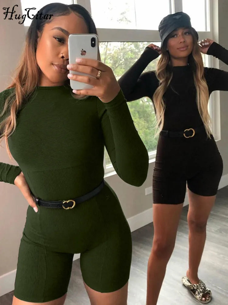 Hugcitar Ribbed Long Sleeve Solid Zip Up Sexy Bodycon Skinny Playsuit Autumn Winter Women Fashion Streetwear Gym Romper Y2K