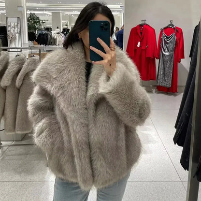 TRAF Autumn Winter Women's Faux Fur Coat Wool & Blends Coats Fashion Long Sleeve Warm Plush Jackets for Women Outerwears