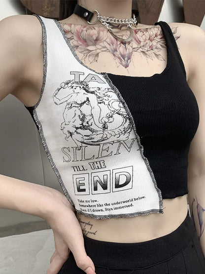 Débardeur en Patchwork de Style Punk pour femmes, haut court avec lettres et graphiques imprimés, blocage de couleur, sans manches, Streetwear