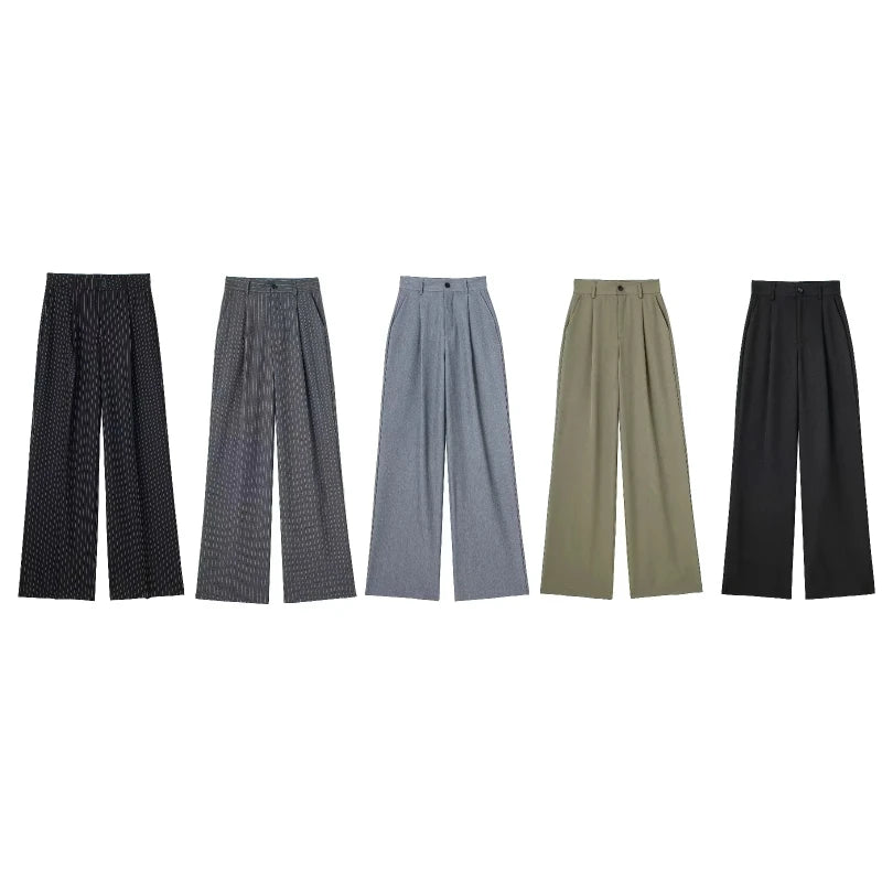 TRAF-pantalones de cintura alta para mujer, trajes de oficina, traje, pantalones holgados, color negro y rosa, pantalones formales