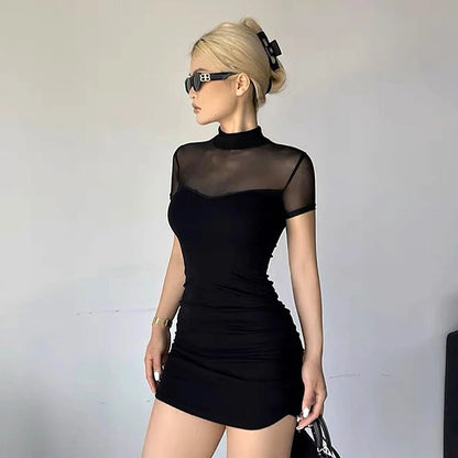 CUTENOVA Goth Dark Mock Neck Y2k Bodycon Mini Dresses Gothic Women Mesh Patchwork Sheer Party Dress