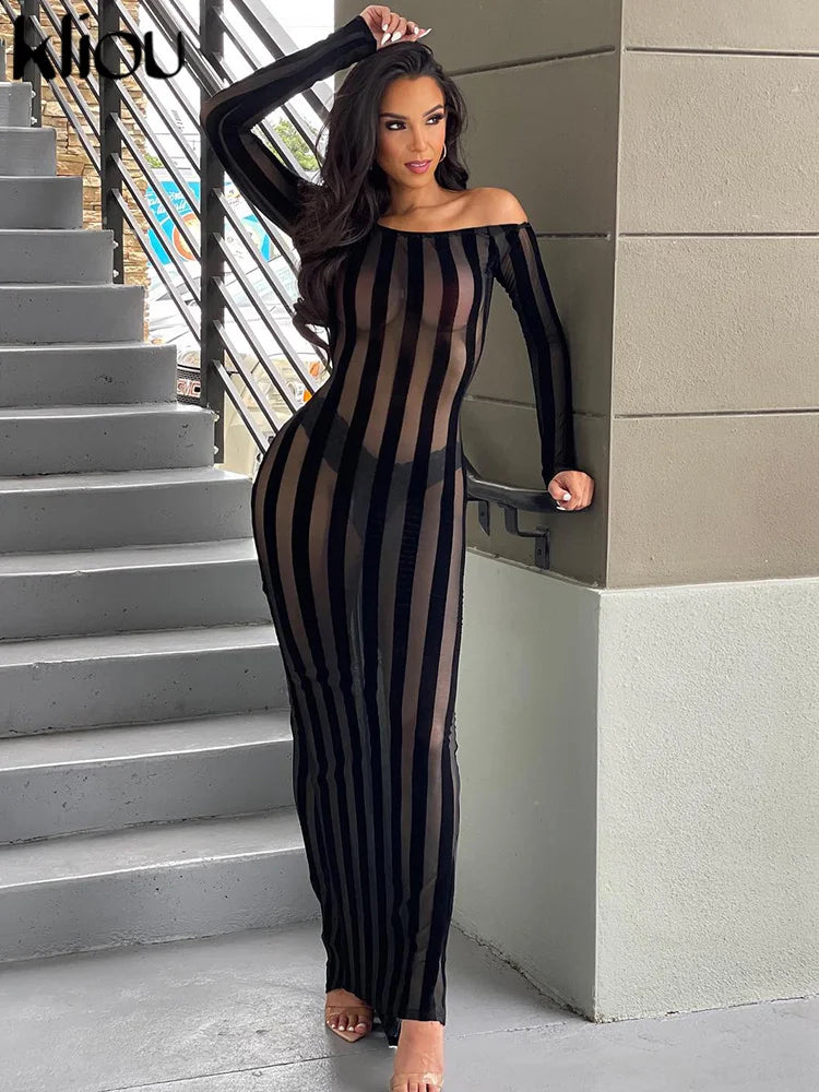 kliou Autumn Striped Women Dress Sexy Peach Buttock See Through Long Sleeve Backless Robe Female Elegant Slash Neck Maxi Bodycon