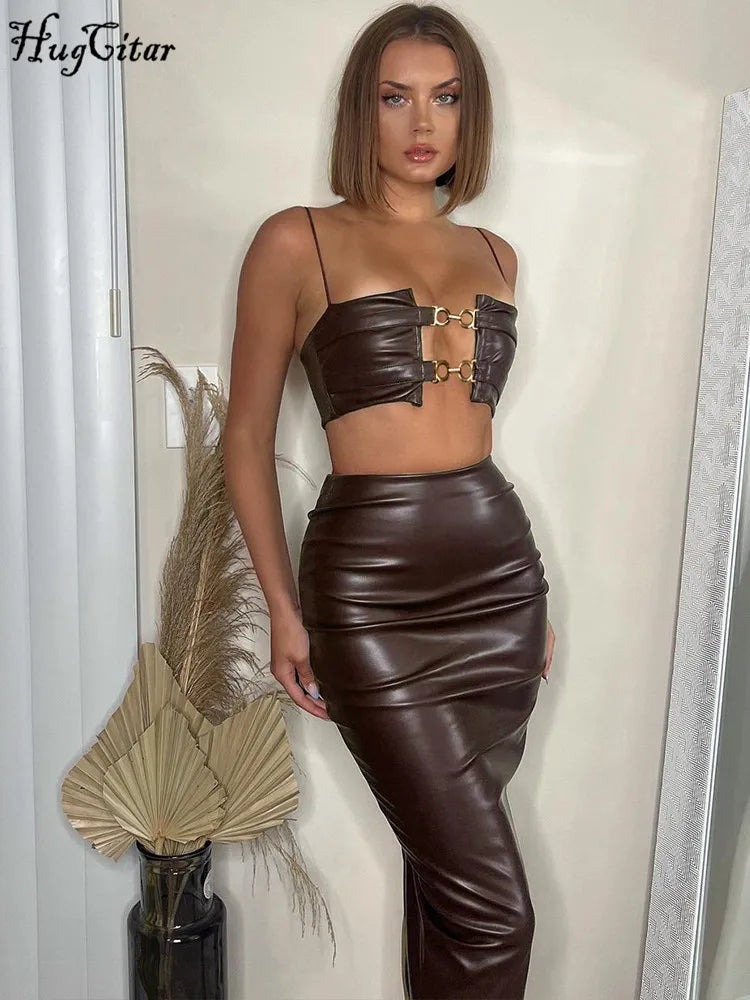 Hugcitar Pu Leather 2 Piece Sets Slip Solid Loops Hollow Out Sexy Crop Camis Slit Midi Skirt Fall Women Elegant Festival Party