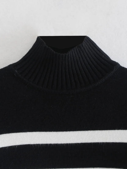 Winter Black And White Stripe Sweater Women Streetwear Loose Pullover Jumper Tops Female Long Sleeve Turtleneck Knitted Sweaters