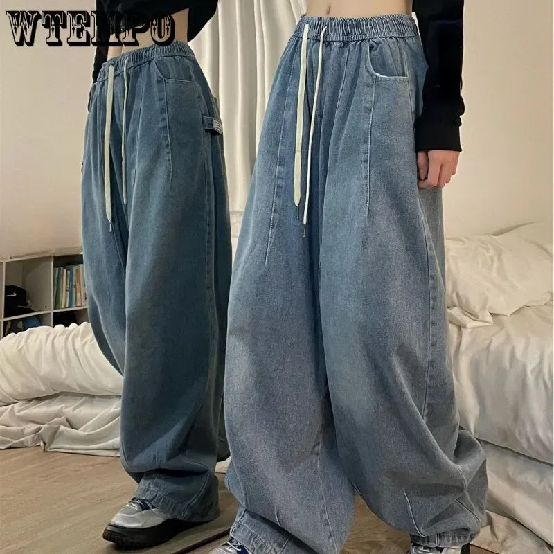 Jean Baggy Vintage pour femmes, taille élastique, surdimensionné, pantalon américain, Denim, jambes larges, Streetwear, pantalon droit basique, Y2k, printemps