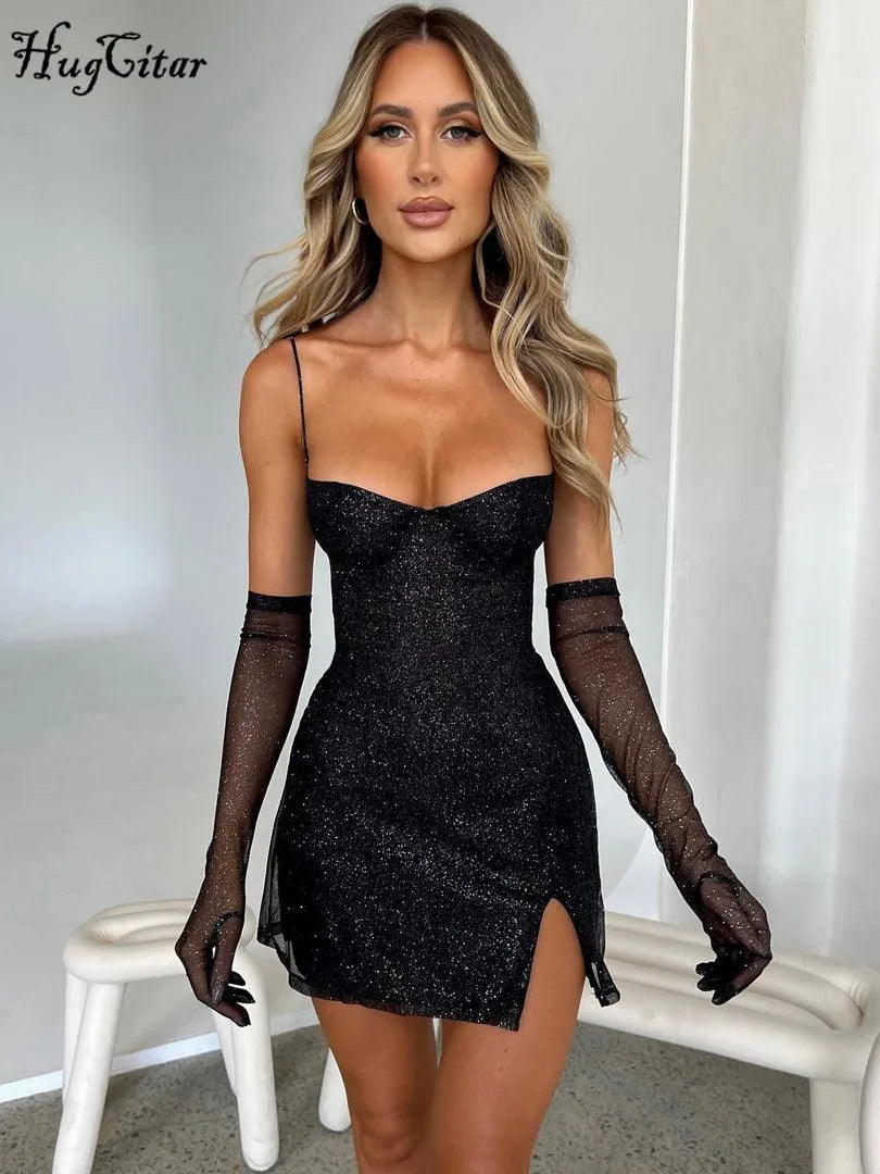 Hugcitar 2024 Spring Black Shine Slip Backless With Gloves Slit Sexy Bodycon Mini Prom Dress Women Fashion Outfits Party Club