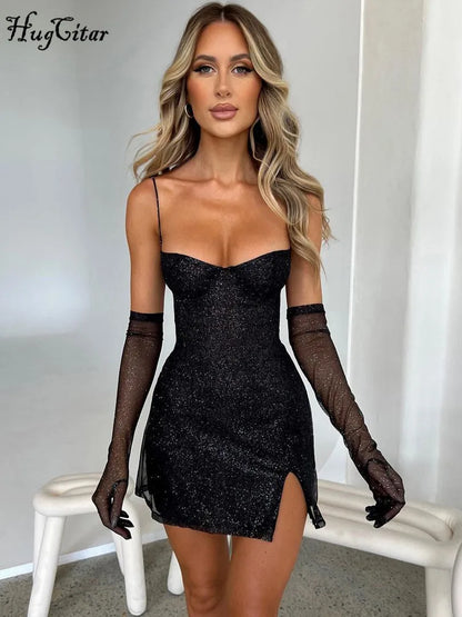 Hugcitar 2024 primavera negro brillo Slip espalda descubierta con guantes hendidura Sexy ceñido al cuerpo Mini vestido de graduación mujeres moda trajes Fiesta Club