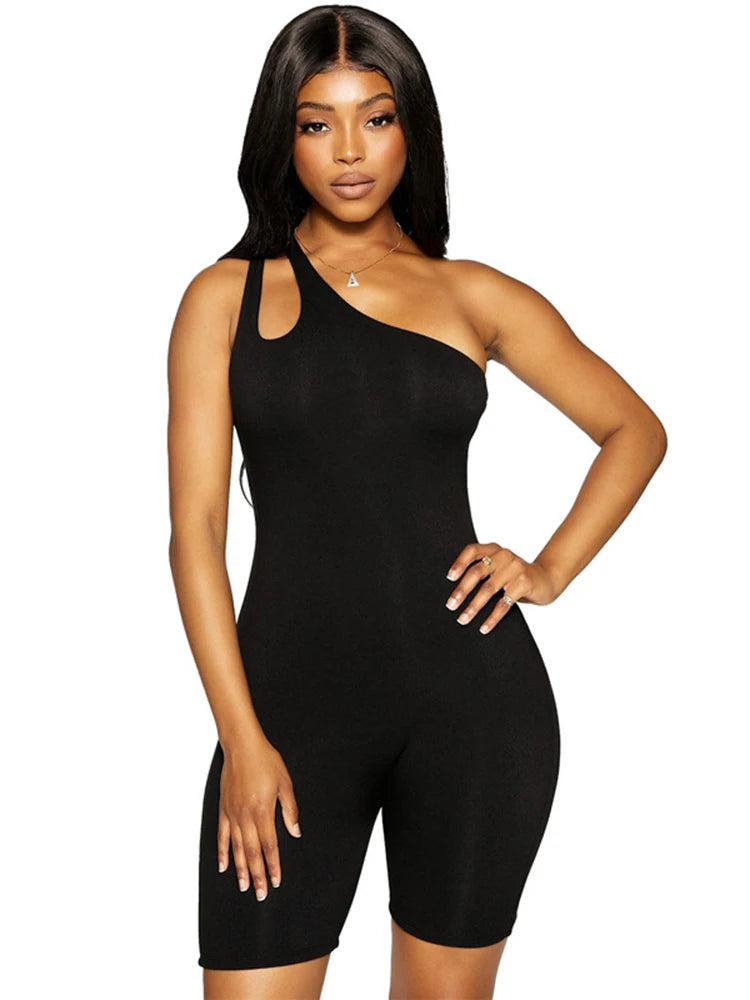 Hugcitar Cut Out One Shoulder Playsuit For Women Bodycon Skinny Sexy Streetwear Solid One Piece Rompers Outfits 2023 Summer