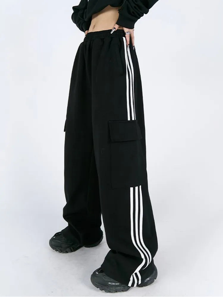 Jmprs Striped Women Cargo Pants American Style High Waist Fashion Y2K Streetwear Loose Wide Leg Pants Female Hip Hop Sweatpants