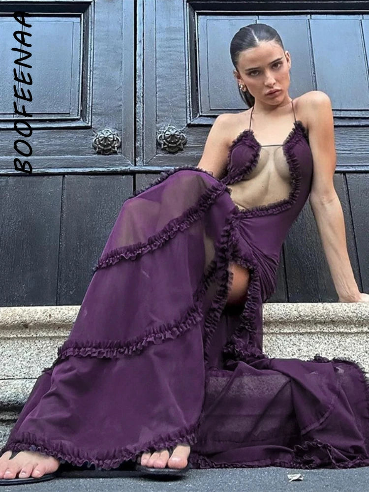 BOOFEENAA Robe longue fendue dos nu à volants pour femme Y2k Années 2000 Robe longue imprimée esthétique Tenue de soirée sexy C85-II41