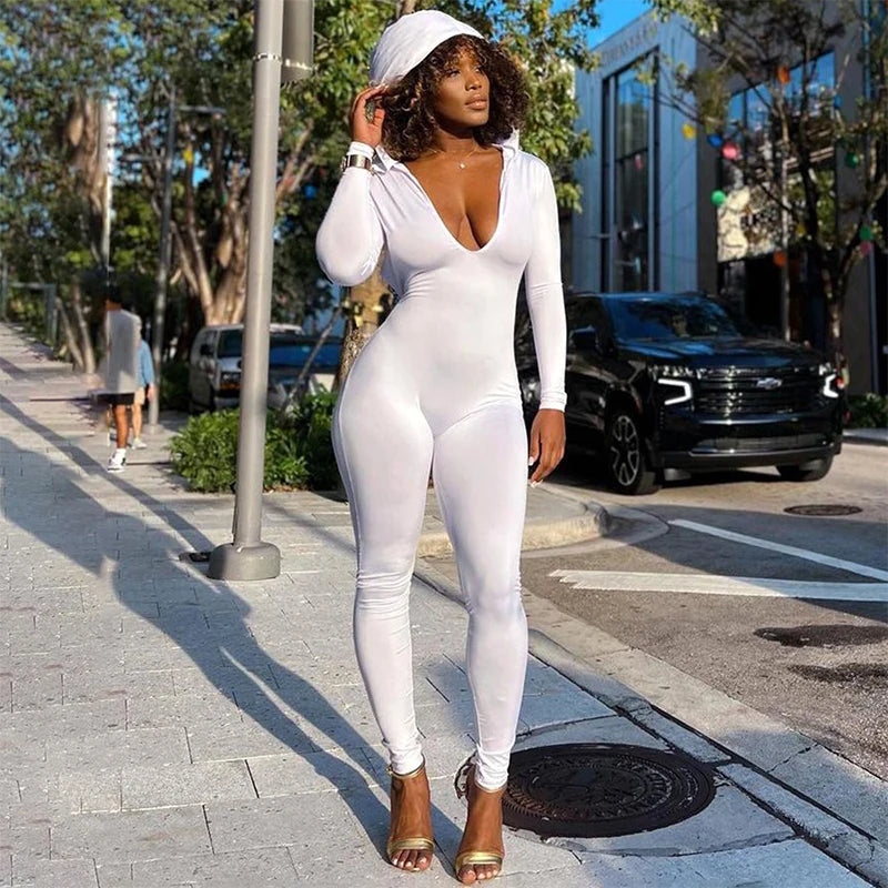 CUTENOVA Autumn Hooded Swing Deep U Collar Skinny Long Sleeve Backless Pencil Jumpsuit Pleat Hip Hister Women Maxi Sexy Bodysuit