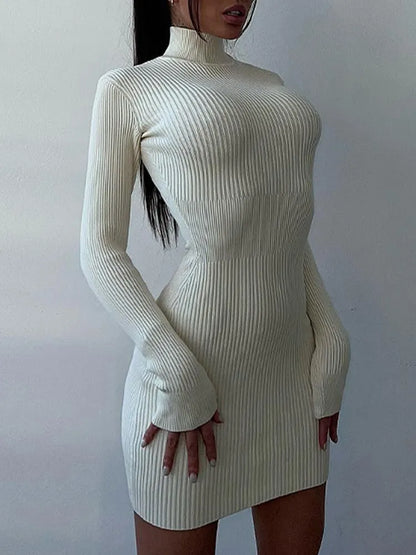 Vestido de punto de cuello alto para mujer, Otoño Invierno, manga larga, ceñido al cuerpo, vestidos por debajo de la rodilla para mujer, vestido ajustado elegante de Color sólido a la moda